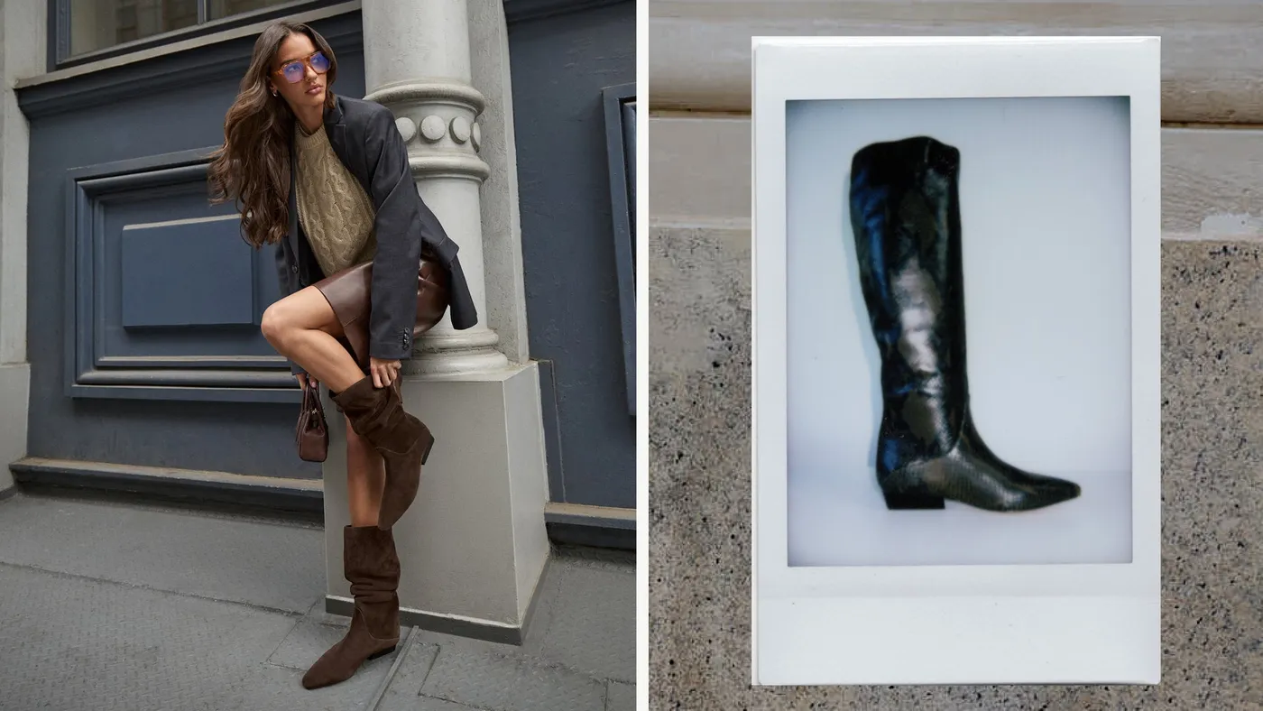 Editorial banner featuring model wearing Dalli Leather Flat Boot