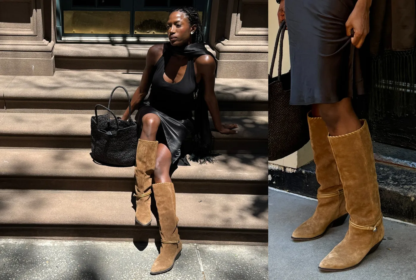 Editorial banner featuring model wearing Ainsley Detailed Leather Boot