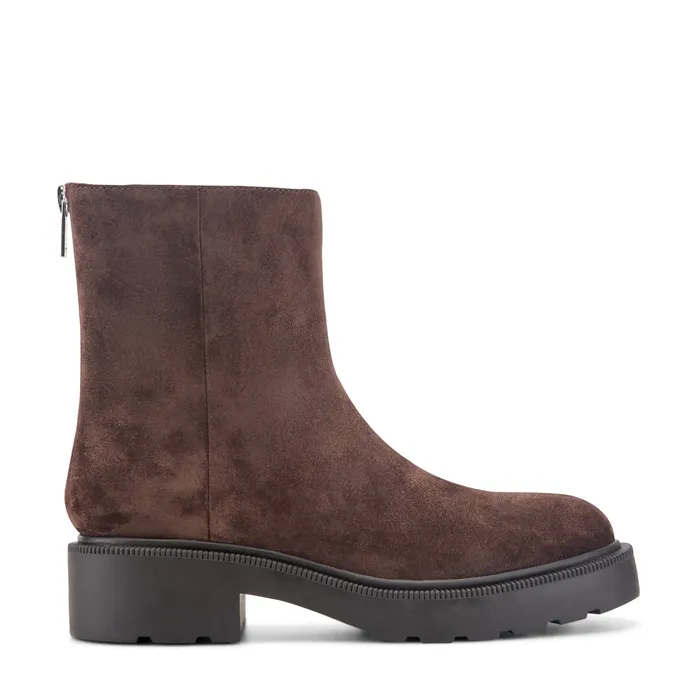 Shylina Leather Lug Sole Bootie in Dark Brown Suede